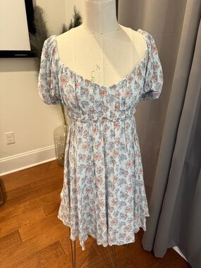 Altar'd State White Floral Mini Dress with Pink and Blue Bouquet Print